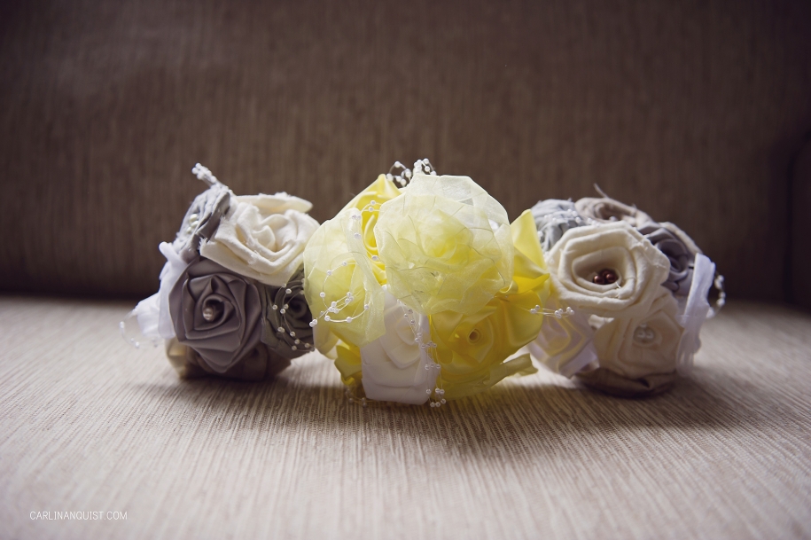 Handmade Fabric Flowers | www.jazbynight.com | Yellow | Gray | Brown | Bridal Bouquet |Calgary Wedding Photographer | Carlin Anquist Photography