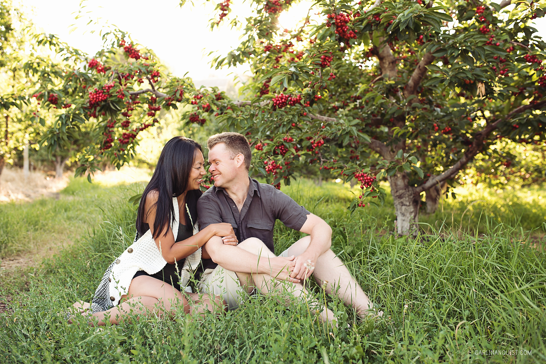 Orchard Engagement Photos | Cherries | Engagement Ring | Carlin Anquist Photography