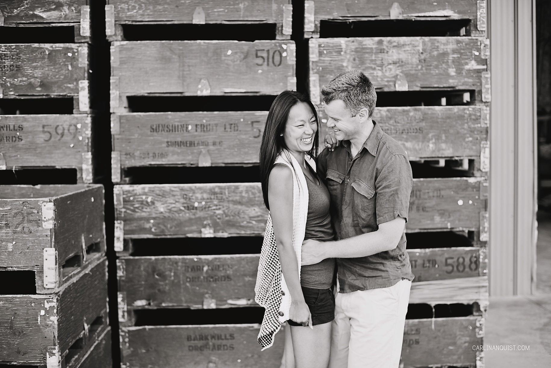 Okanagan Engagement Photos | Fruit Crates | Cherry Orchard | Summerland | Kelowna | Carlin Anquist Photography