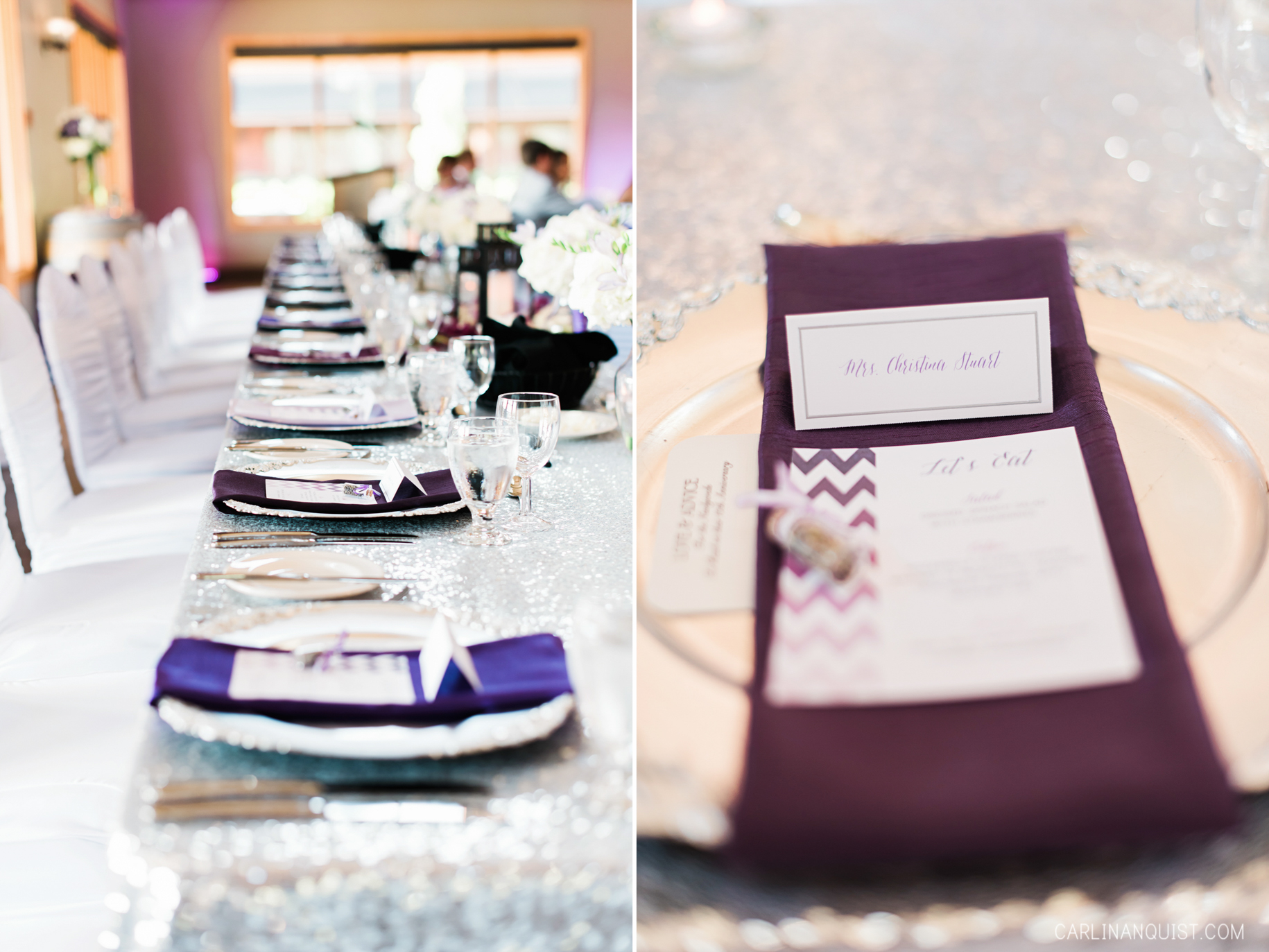 Sparkly Head Table | Purple Ombre Table Settings | Cochrane RancheHouse Wedding Photographer 