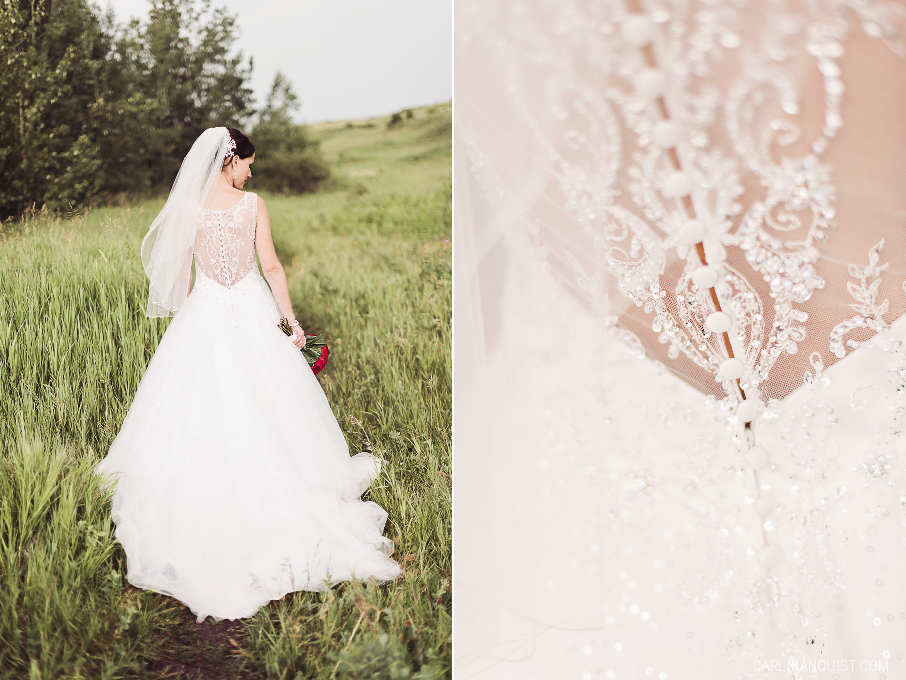 Lace Back Wedding Dress | Red Bouquet | Calgary Winter Club Wedding Photographer