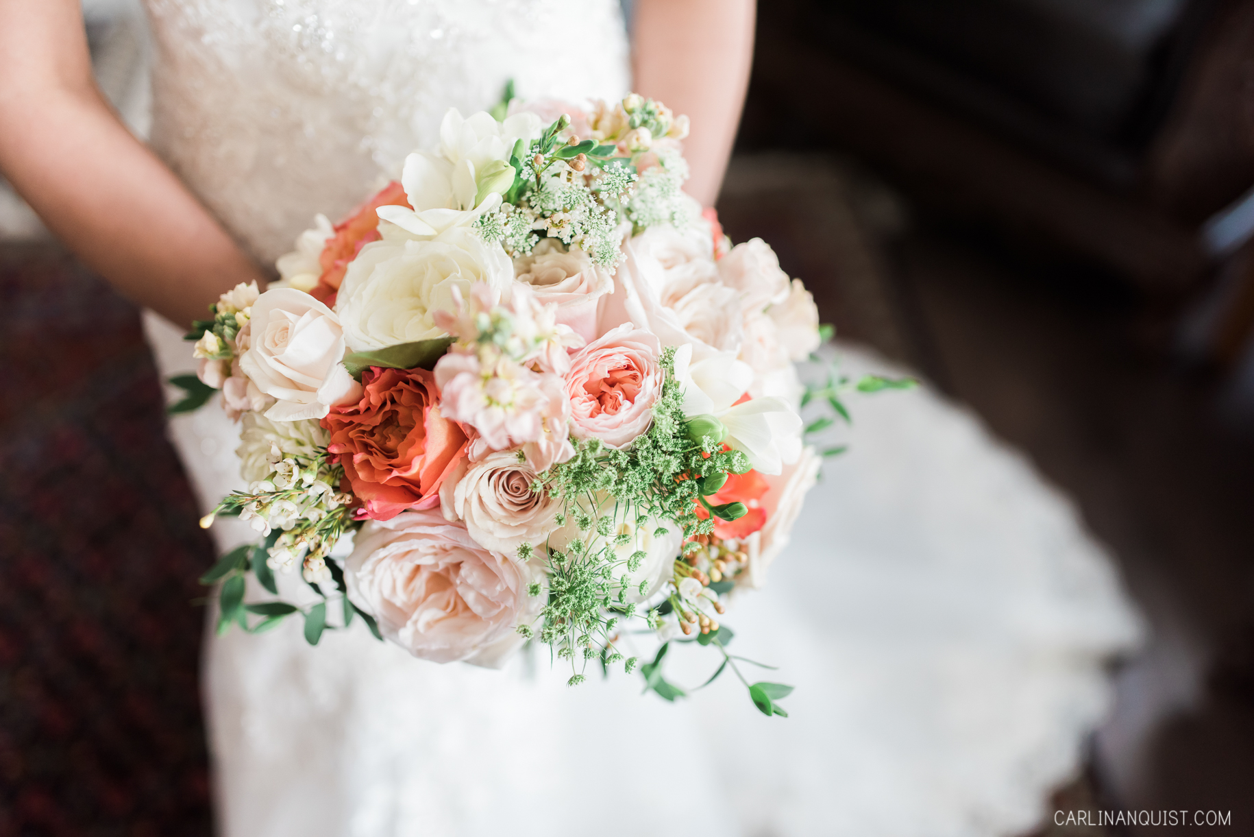 Peach and Coral Bridal Bouquet | Calgary Acreage Wedding
