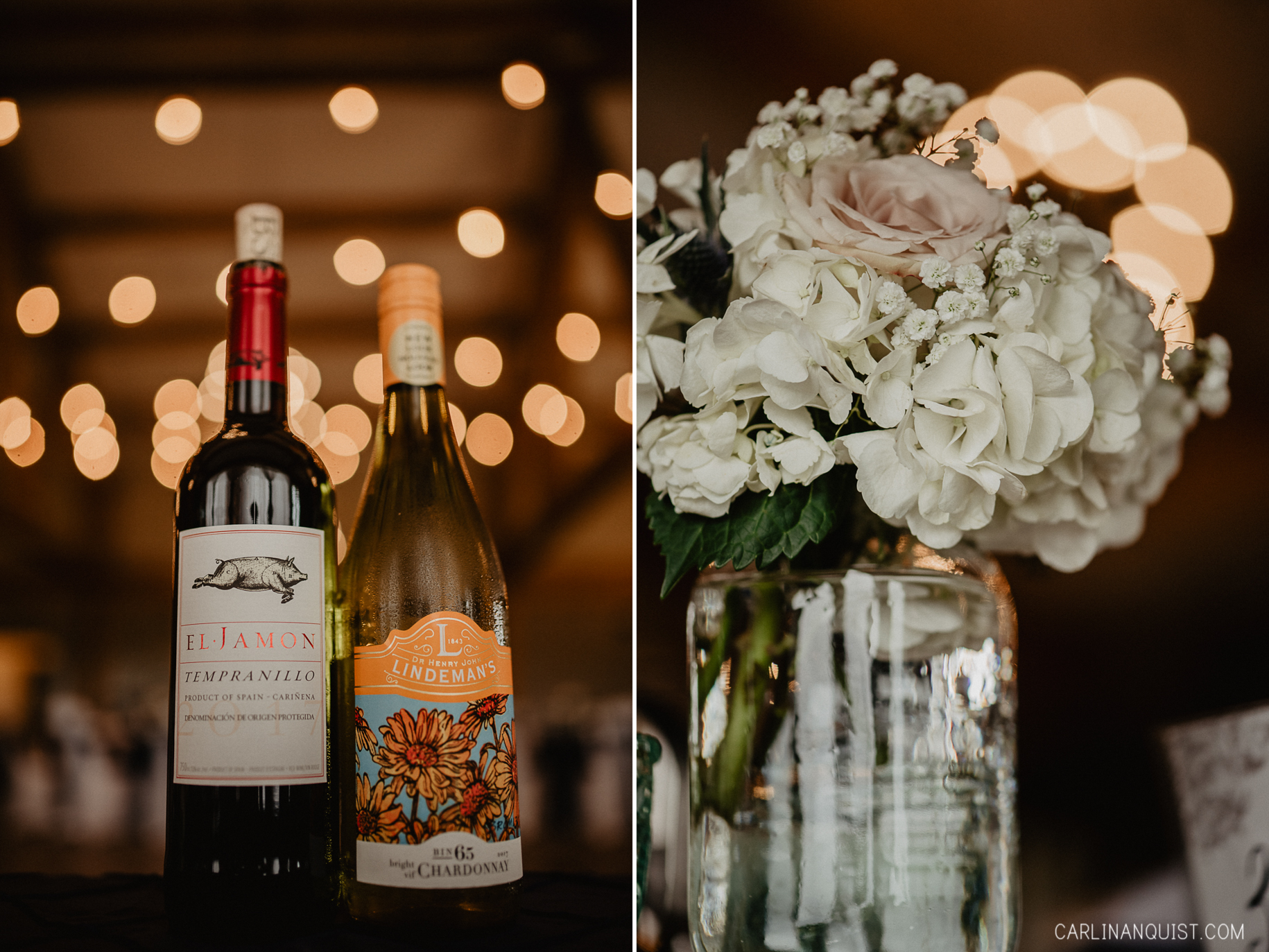 Wedding Wine and Flower Centrepieces | Apple Creek Golf Course Wedding Photo